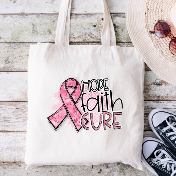 Handmade Handbags - Hope Faith Cure Pink Ribbon Awareness Heavy Canvas DTF Print Tote Bag